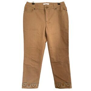 Women's Coldwater Creek Tan Khaki Boho Embroidered Hem Chino Pants Size 4
